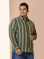 Men Cotton Stripe 1 Pocket Regular Fit Smart Casual Shirt - Olive