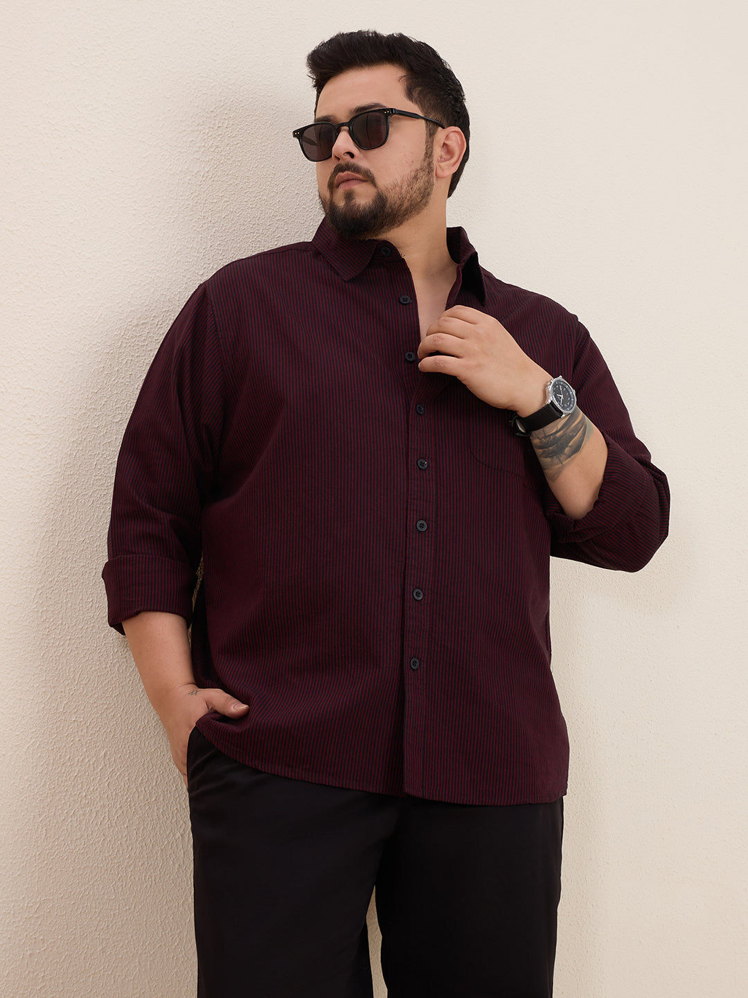 Plus Size Cotton Stripes Shirt 1 Pocket Regular Fit Smart Casual Shirt, Style-1270-Maroon