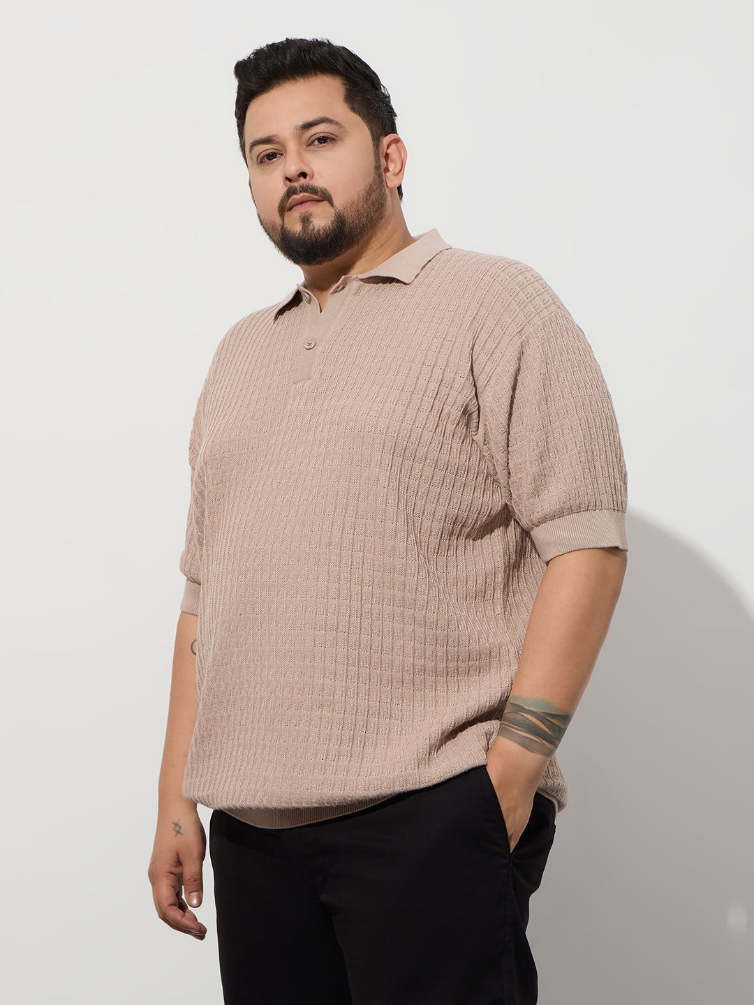 Flat Knit Half sleeve Polo Ribbed T Shirt - Style- NC-Plus-129-Coco