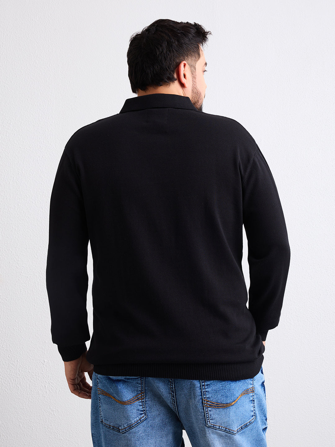 Flat Knit Full Sleeve Polo Ribbed T Shirt  - Black - Style 136