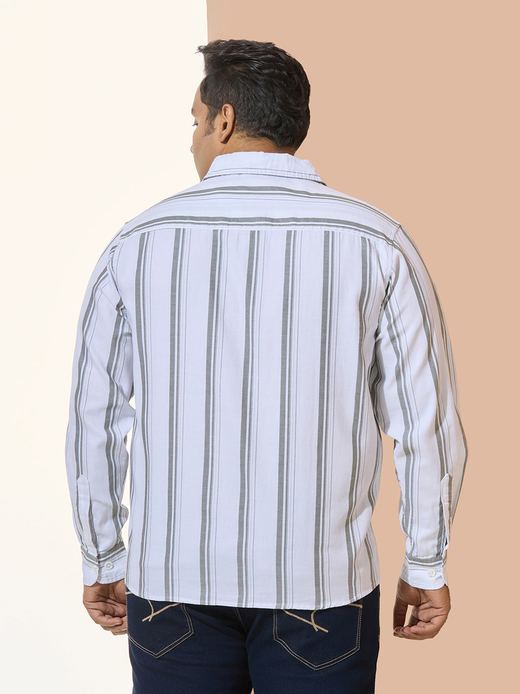 Men Cotton Stripe 1 Pocket Regular Fit Smart Casual Shirt - WhiteGreen