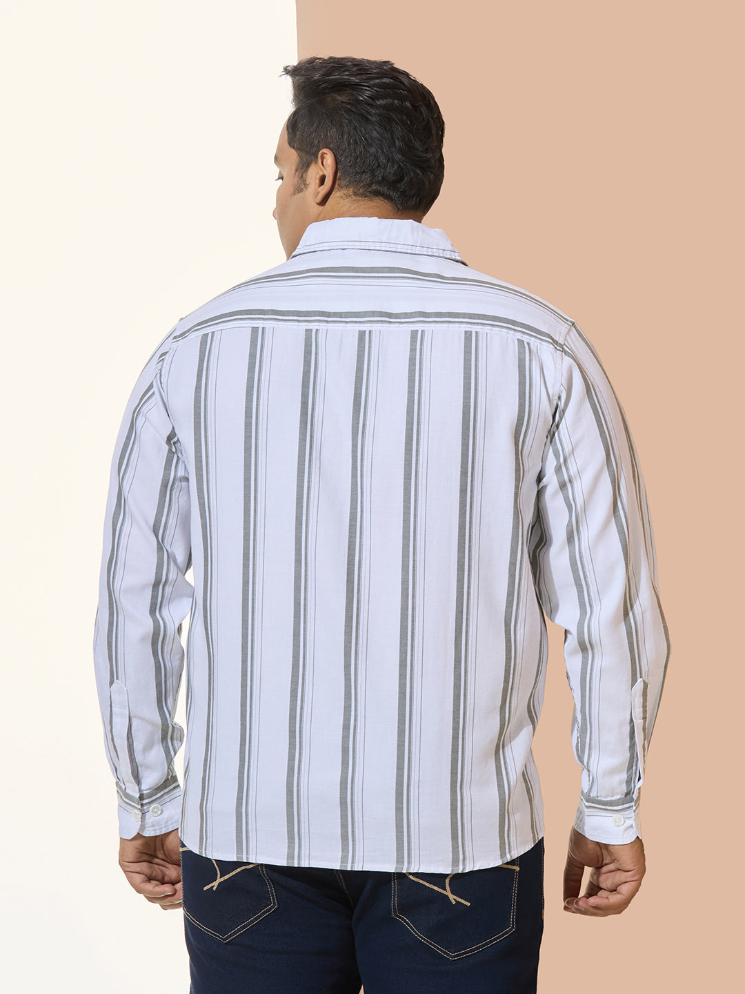 Men Cotton Stripe 1 Pocket Regular Fit Smart Casual Shirt - WhiteGreen