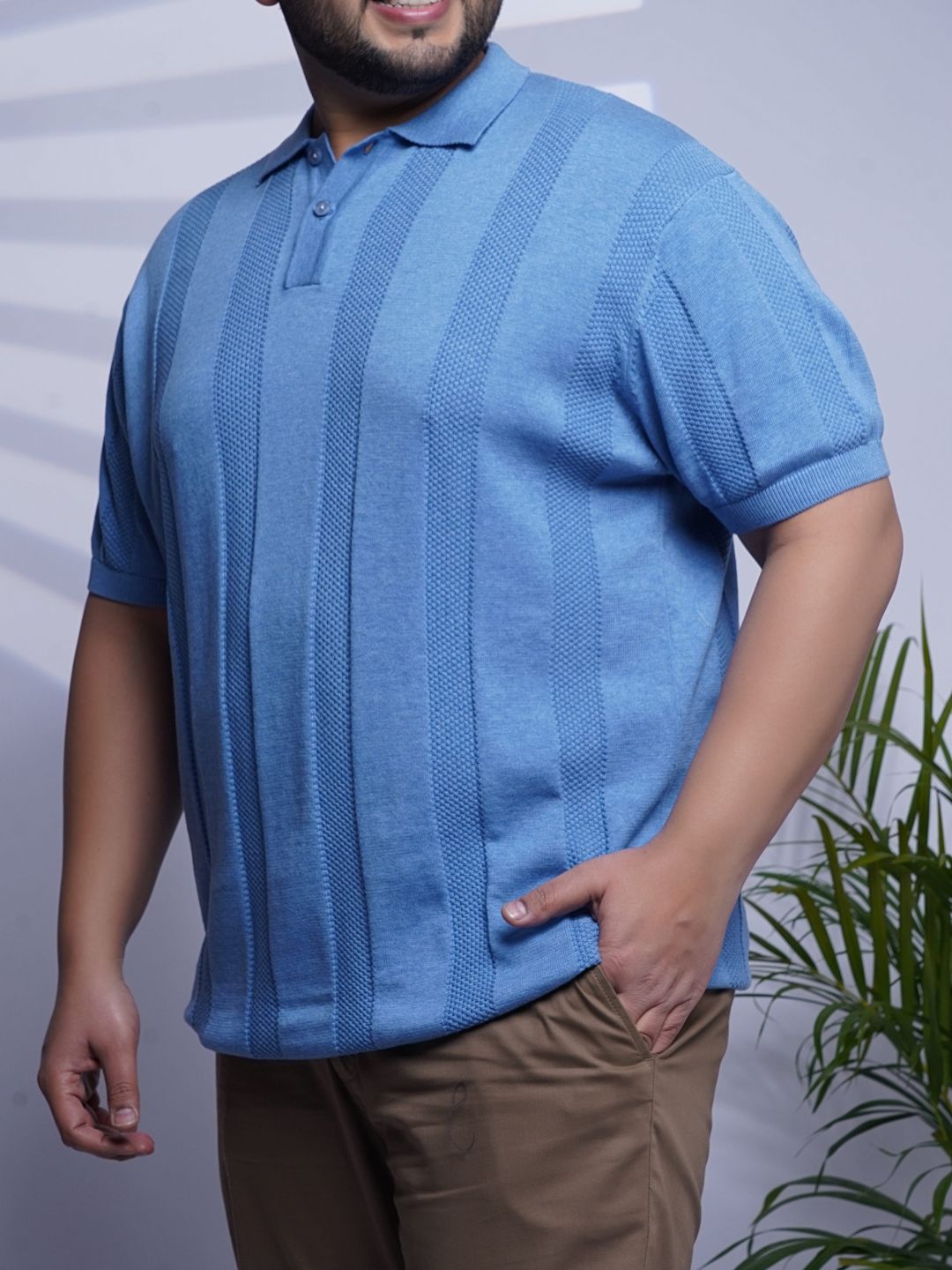 Flat Knit Half sleeve Polo Ribbed T Shirt - 125-Skyblue