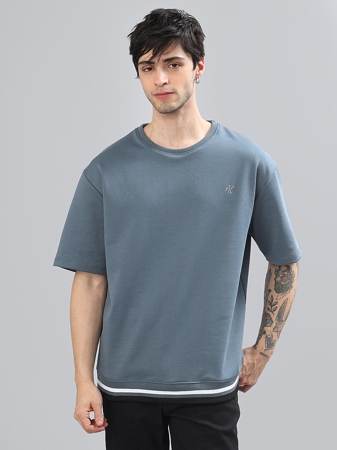 Drop-Shoulder Sleeves Heavy GSM Pure Cotton Oversize Fit T-shirt (NC-113-Blue)