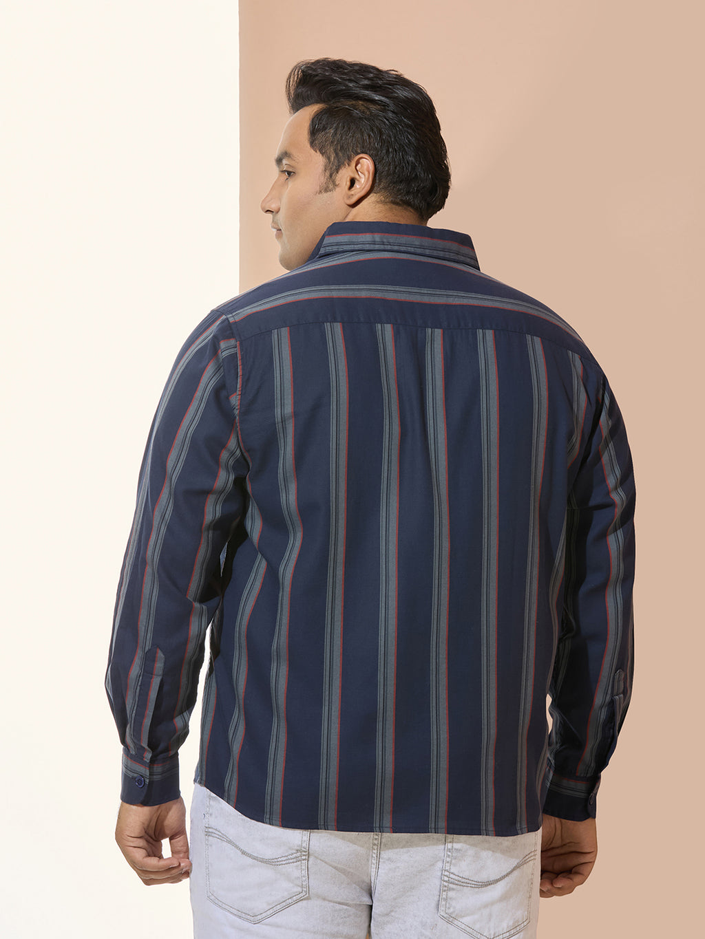 Men Cotton Stripe 1 Pocket Regular Fit Smart Casual Shirt - MaroonIndigo