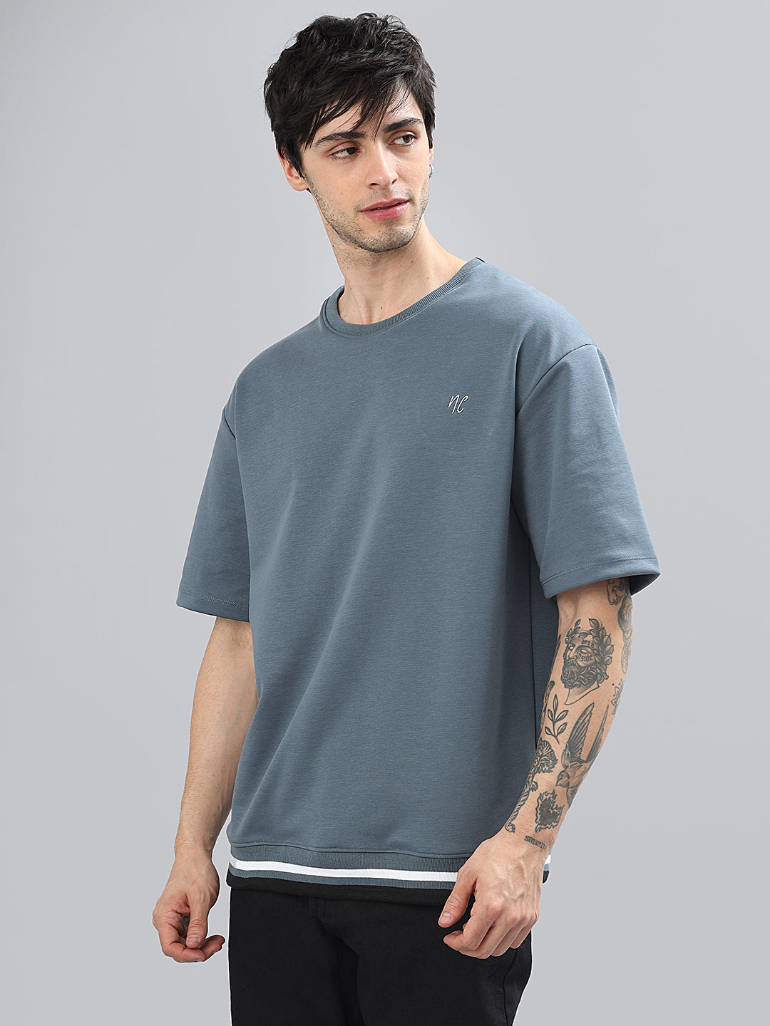 Drop-Shoulder Sleeves Heavy GSM Pure Cotton Oversize Fit T-shirt (NC-113-Blue)