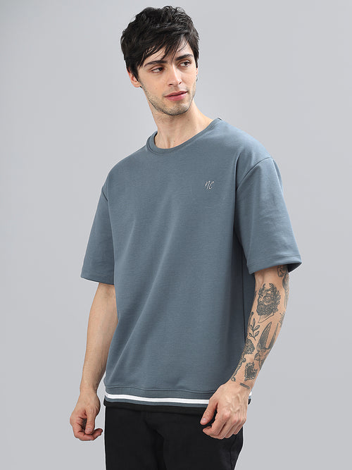 Drop-Shoulder Sleeves Heavy GSM Pure Cotton Oversize Fit T-shirt (NC-113-Blue)
