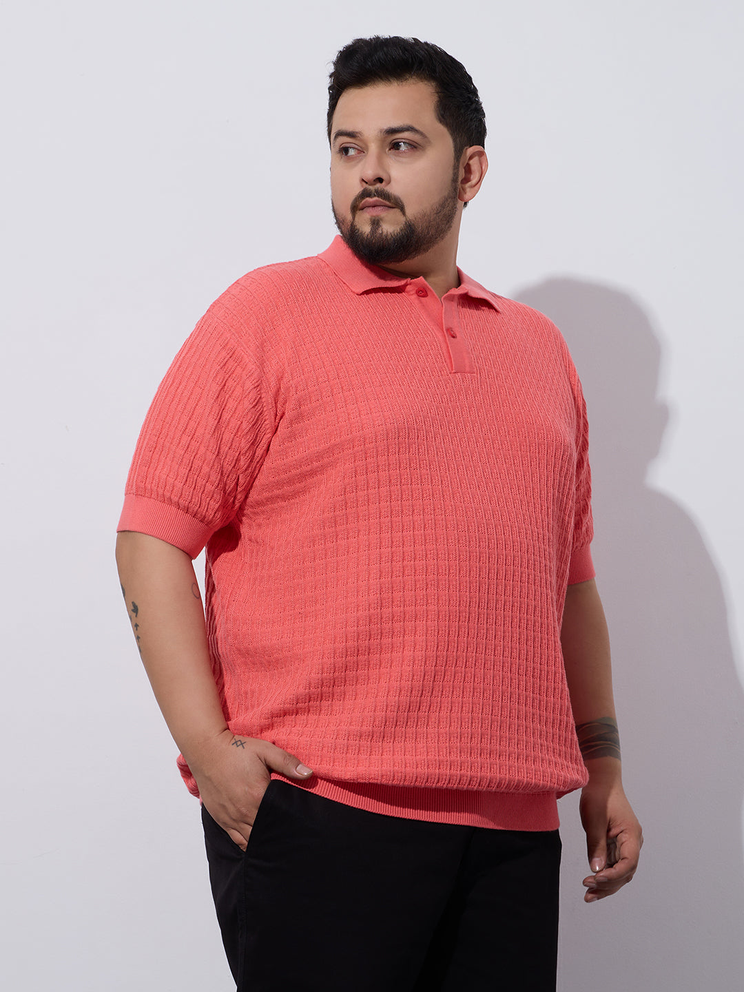 Flat Knit Half sleeve Polo Ribbed T Shirt -Style- NC-Plus-129-Carrot