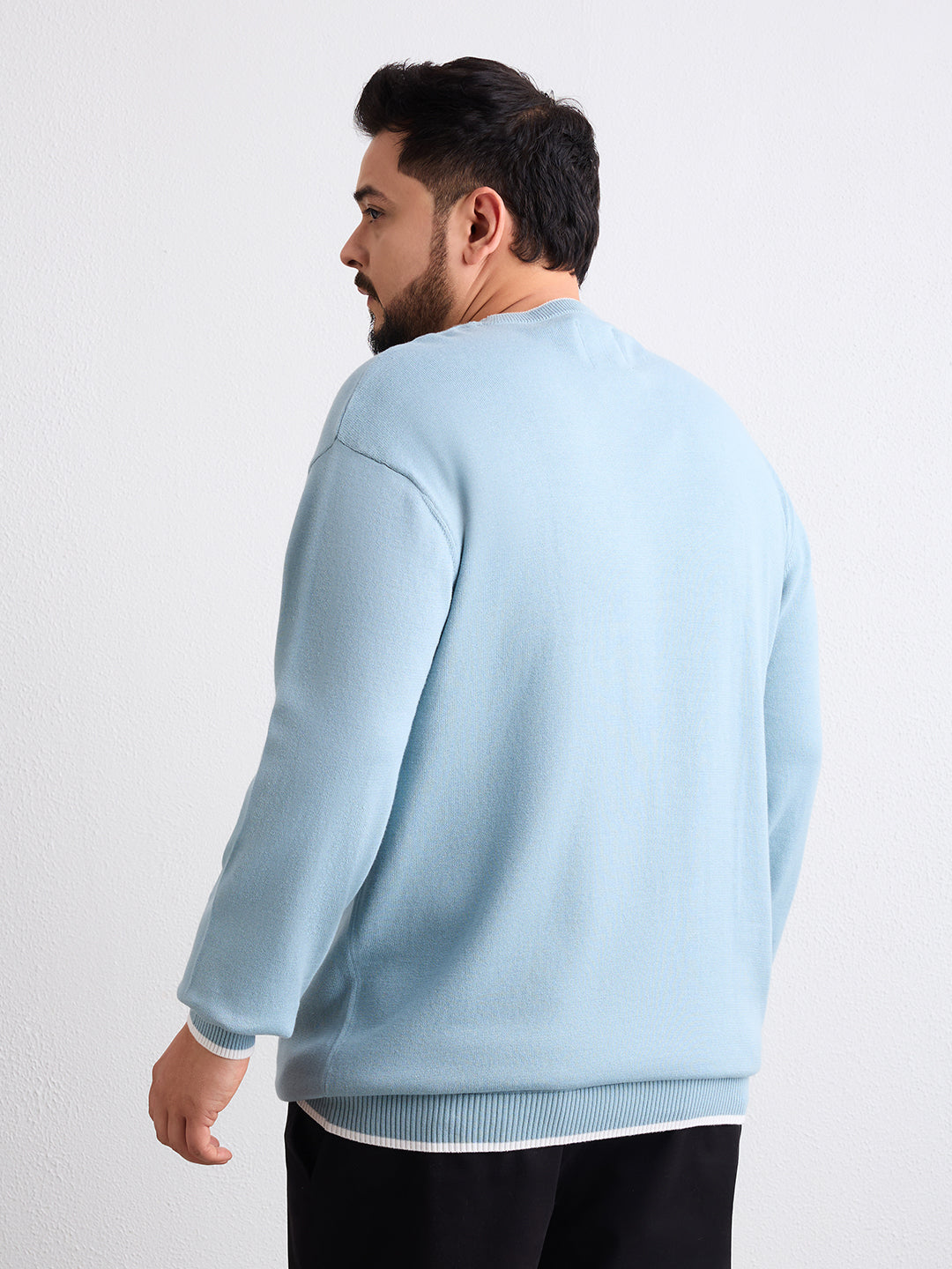 Flat Knit Full Sleeve Polo Ribbed T Shirt  - Light Blue - Style 133