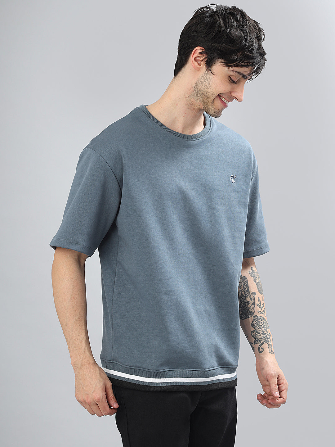 Drop-Shoulder Sleeves Heavy GSM Pure Cotton Oversize Fit T-shirt (NC-113-Blue)