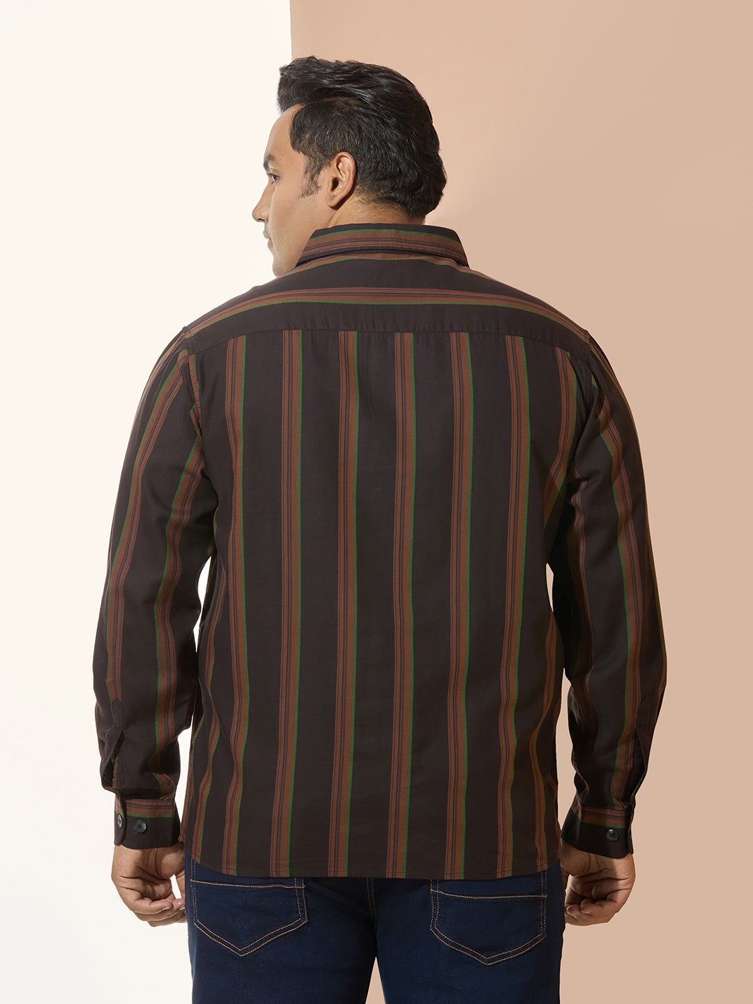 Men Cotton Stripe 1 Pocket Regular Fit Smart Casual Shirt - BrownGreen