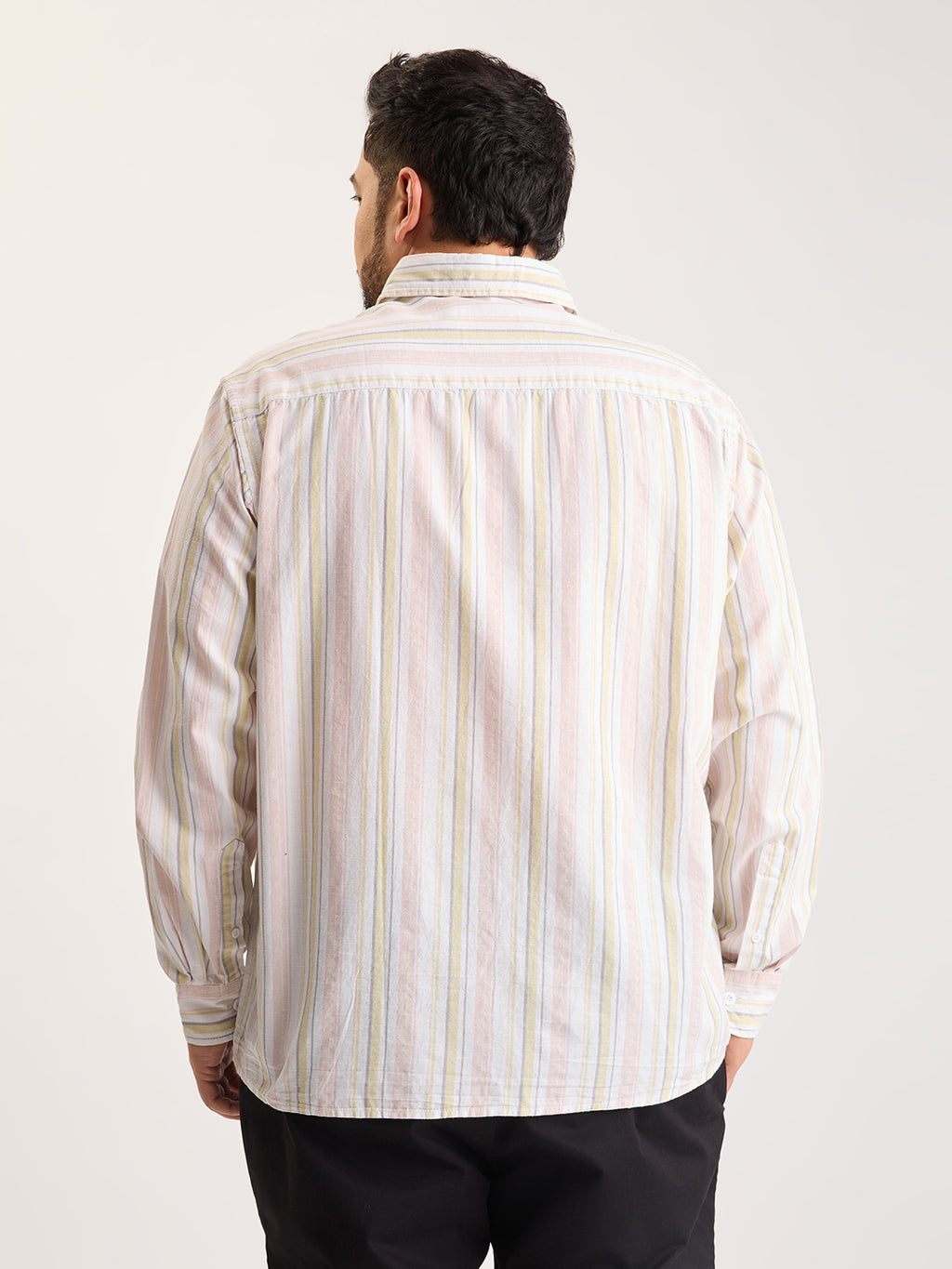 Plus Size Cotton 1 Pocket Regular Fit Smart Casual Shirt  - Yellow-White - Style 1267