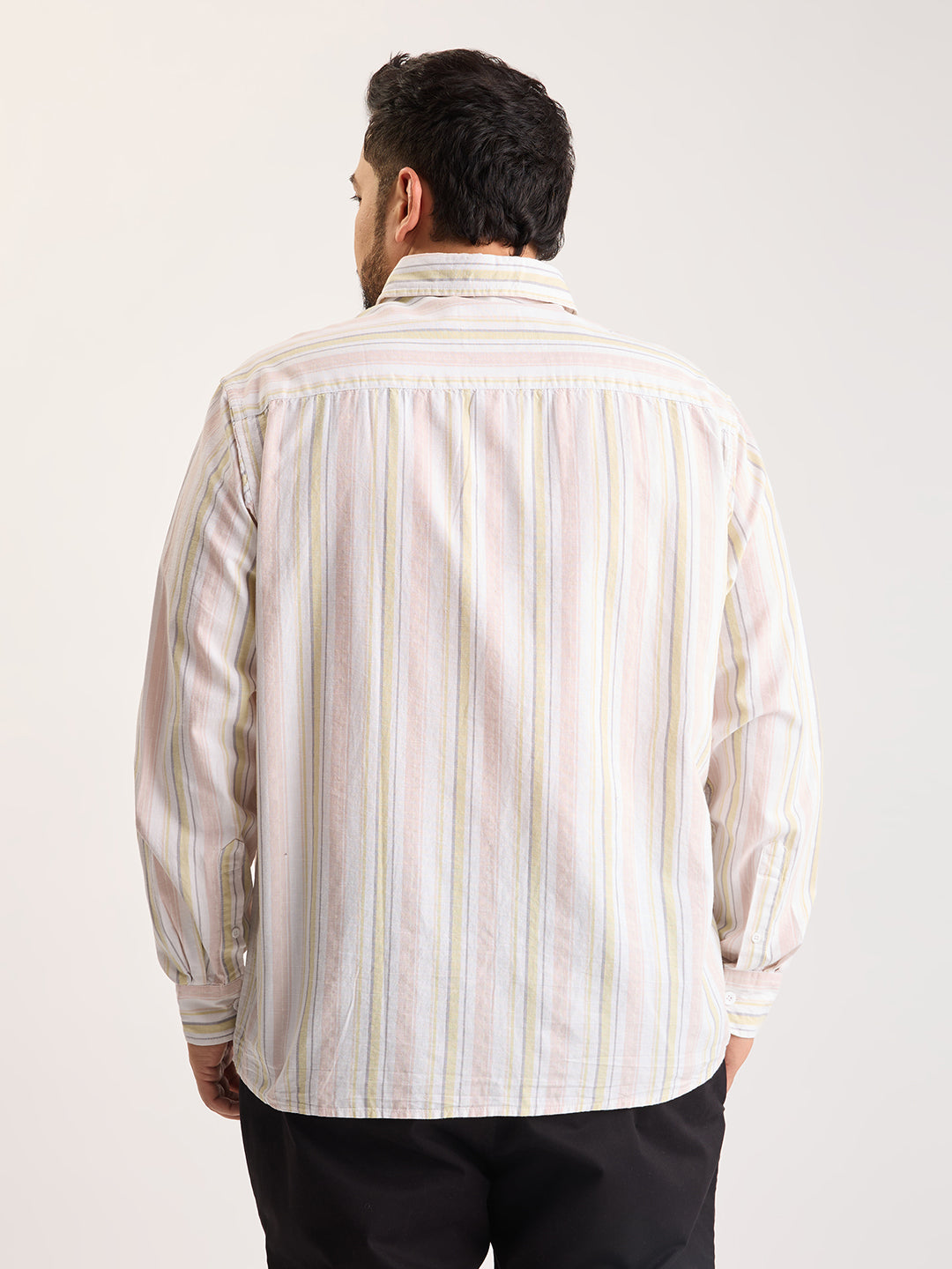 Plus Size Cotton 1 Pocket Regular Fit Smart Casual Shirt  - Yellow-White - Style 1267