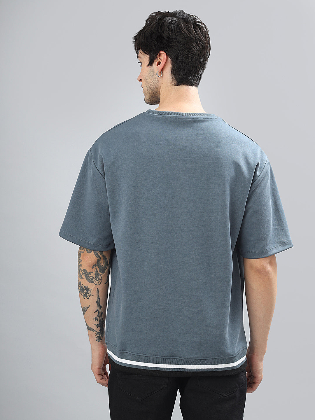 Drop-Shoulder Sleeves Heavy GSM Pure Cotton Oversize Fit T-shirt (NC-113-Blue)
