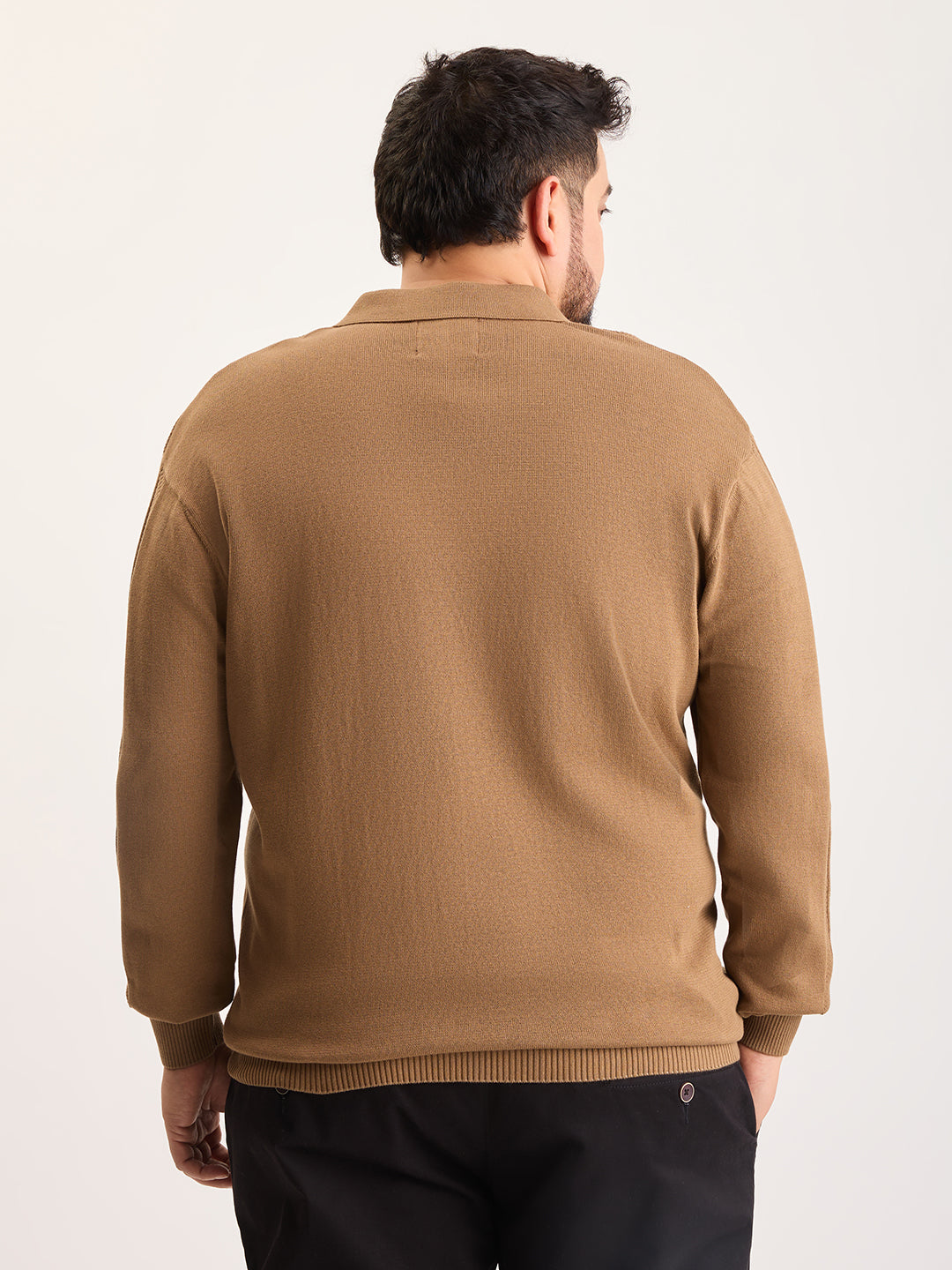 Flat Knit Full Sleeve Polo Ribbed T Shirt  - Khaki - Style 136