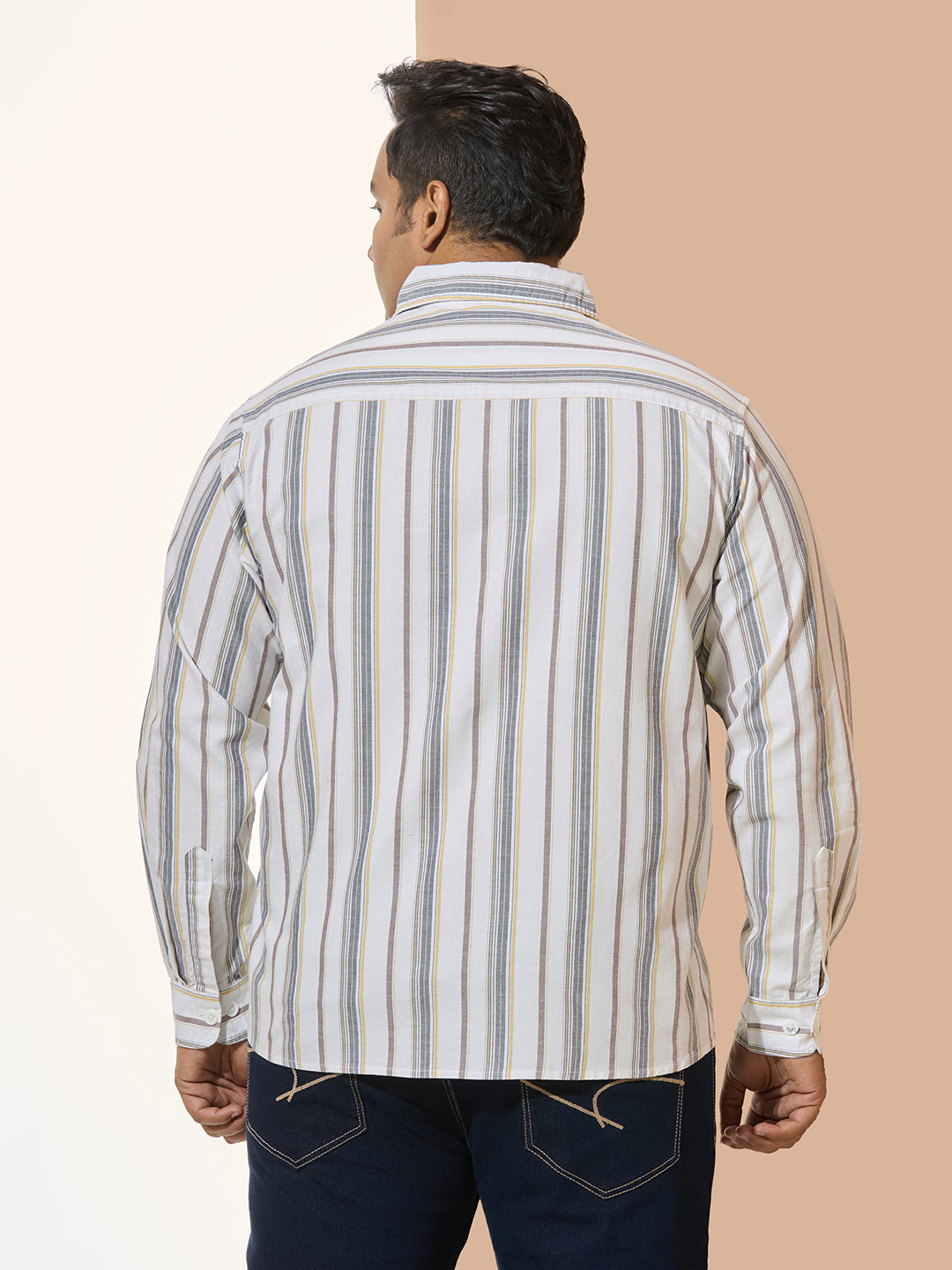 Men Cotton Stripe 1 Pocket Regular Fit Smart Casual Shirt - WhiteYelllow