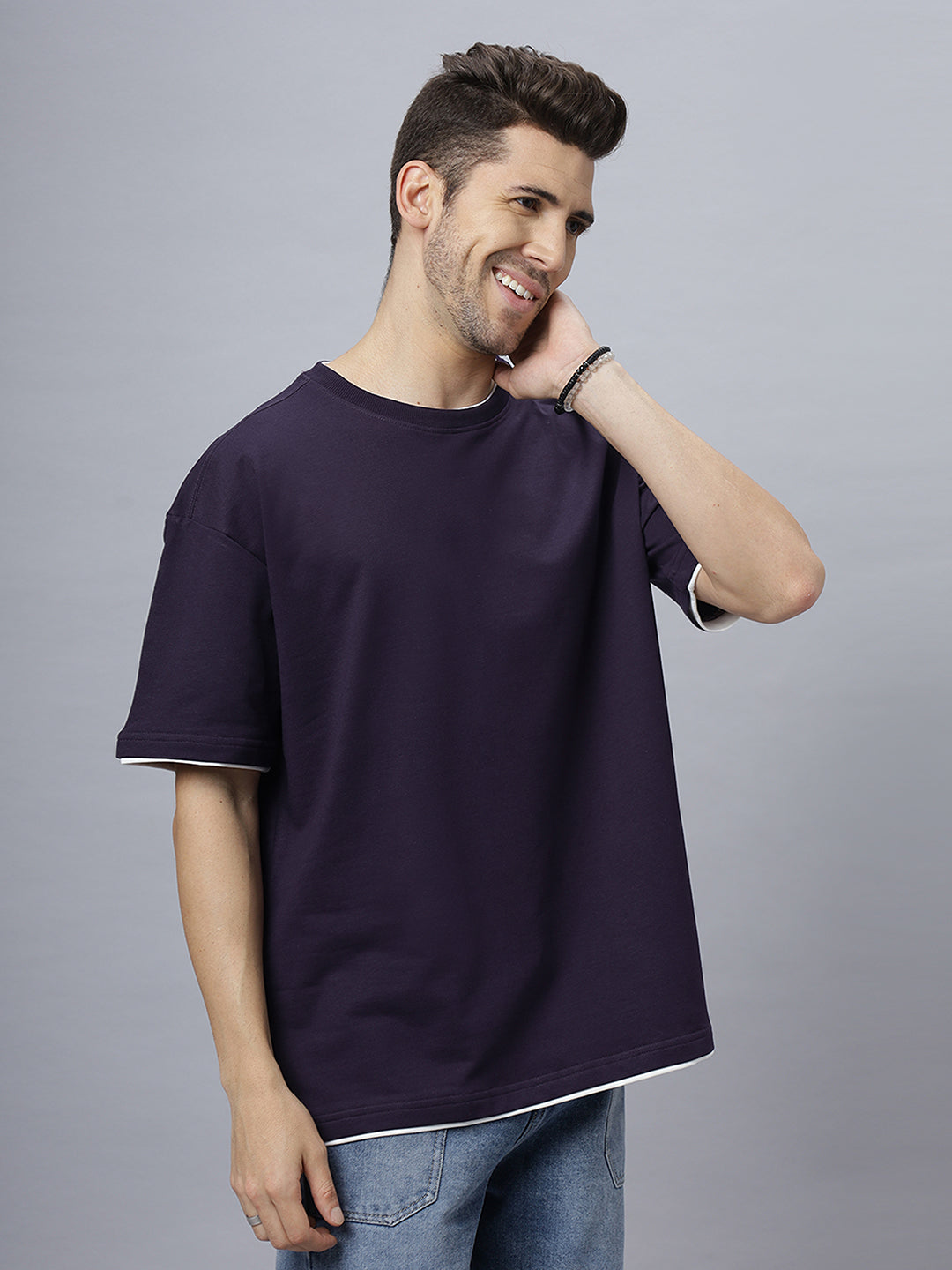 Drop-Shoulder Sleeves Heavy GSM Pure Cotton Oversize Fit T-shirt (NC-OS-102-Purple)