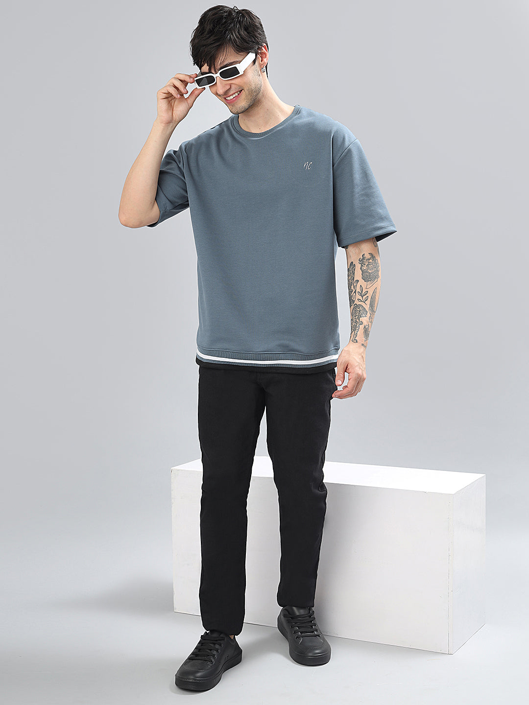 Drop-Shoulder Sleeves Heavy GSM Pure Cotton Oversize Fit T-shirt (NC-113-Blue)