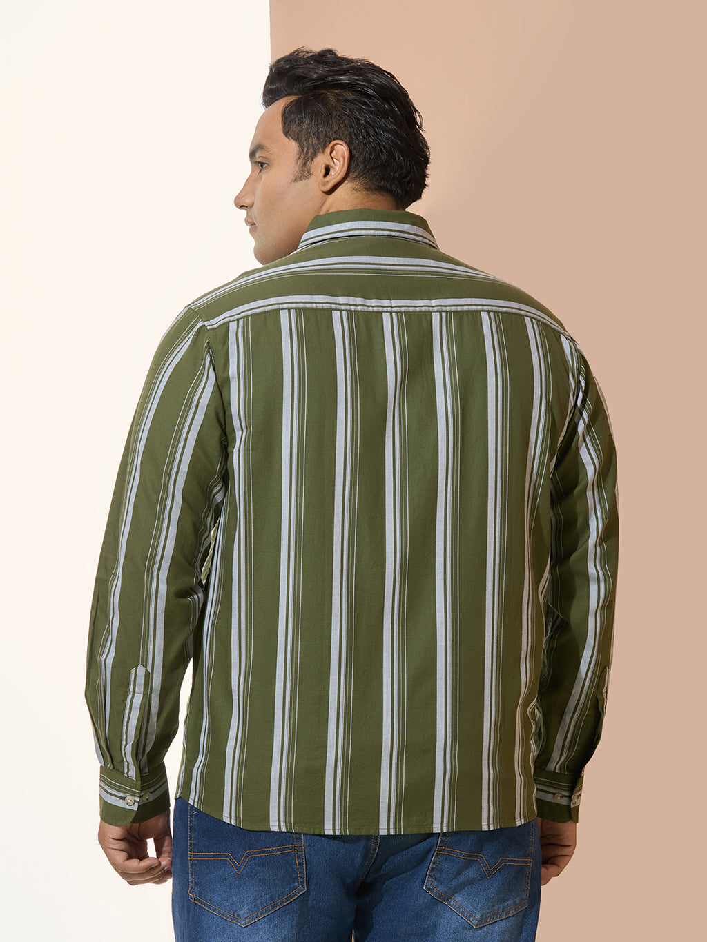 Men Cotton Stripe 1 Pocket Regular Fit Smart Casual Shirt - Olive