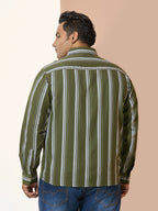 Men Cotton Stripe 1 Pocket Regular Fit Smart Casual Shirt - Olive