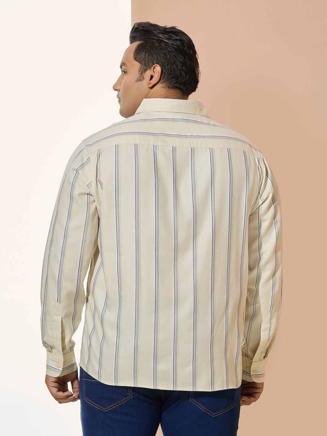 Men Cotton Stripe 1 Pocket Regular Fit Smart Casual Shirt - Yellow