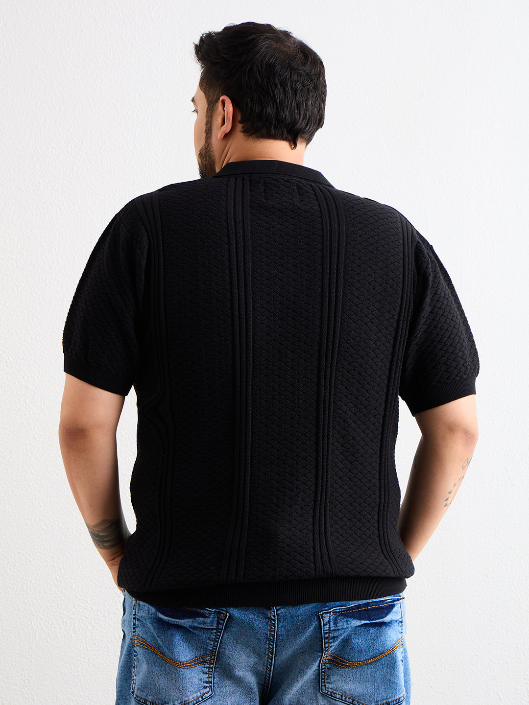 Neon Chillie Men's Plus Size Half Sleeve Polo Ribbed T Shirt - 144-Black