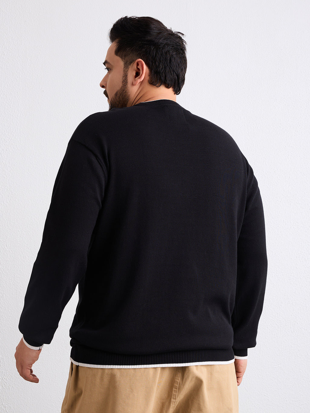 Flat Knit Full Sleeve Polo Ribbed T Shirt  - Black - Style 133