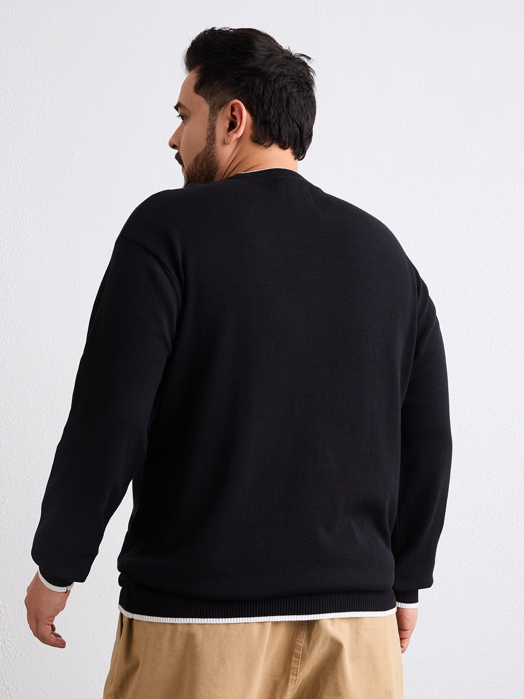 Flat Knit Full Sleeve Polo Ribbed T Shirt  - Black - Style 133