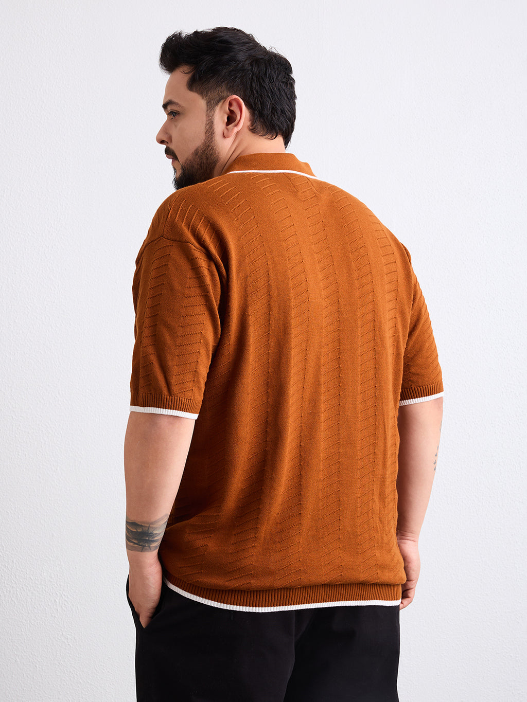 Flat Knit Half Sleeve Polo Ribbed T Shirt  - Rust - Style 138-Rust