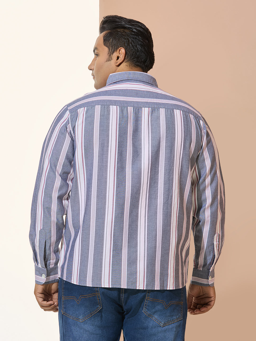 Men Cotton Stripe 1 Pocket Regular Fit Smart Casual Shirt - Navy