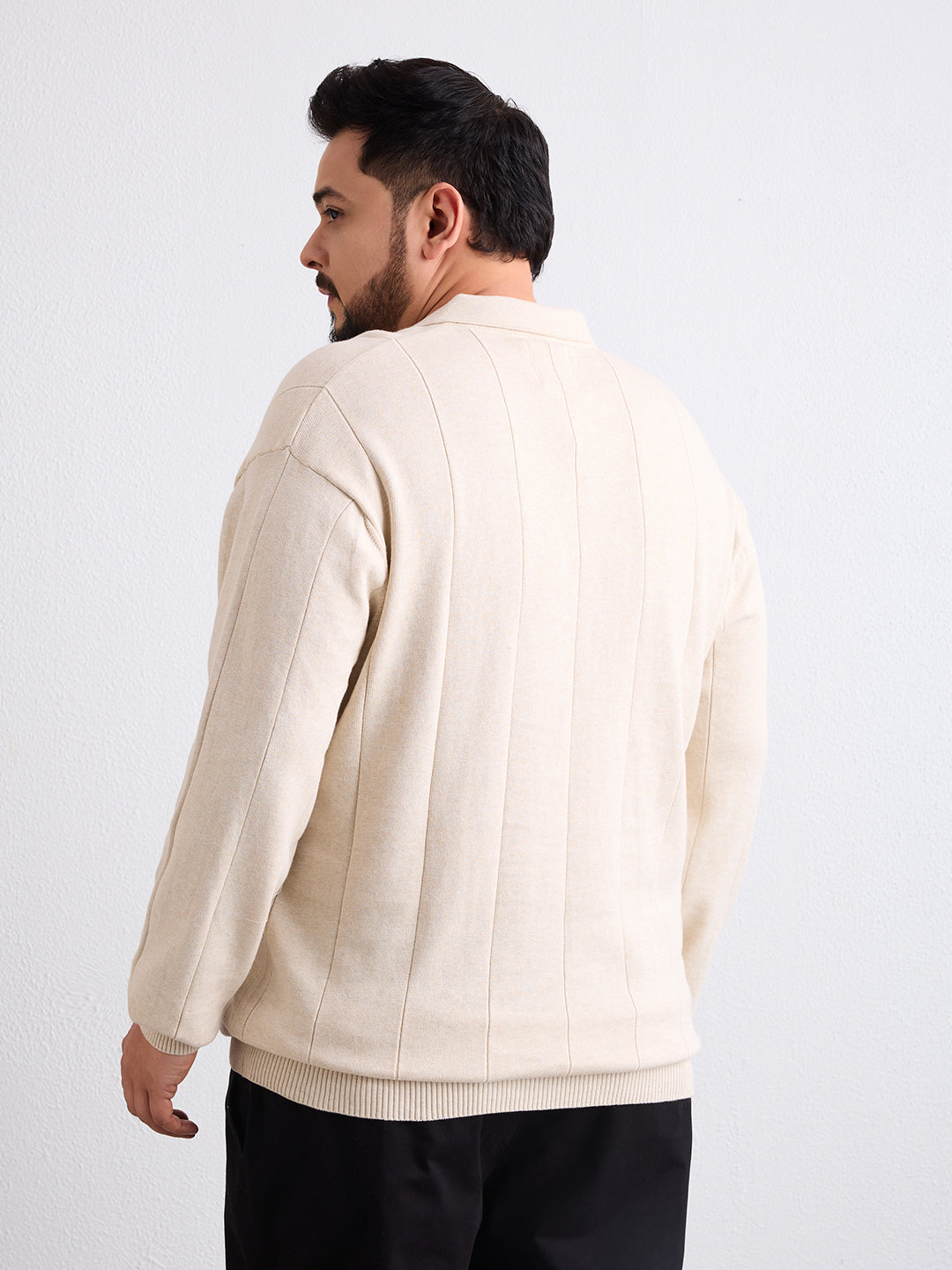 Flat Knit Full Sleeve Polo Ribbed T Shirt  - Ash Grey - Style 137