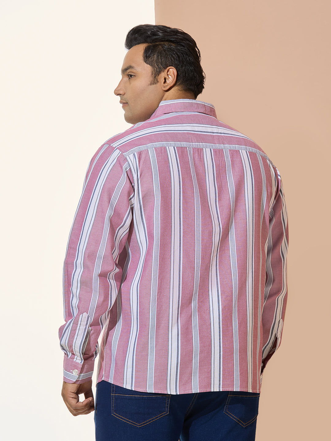 Men Cotton Stripe 1 Pocket Regular Fit Smart Casual Shirt - Maroon