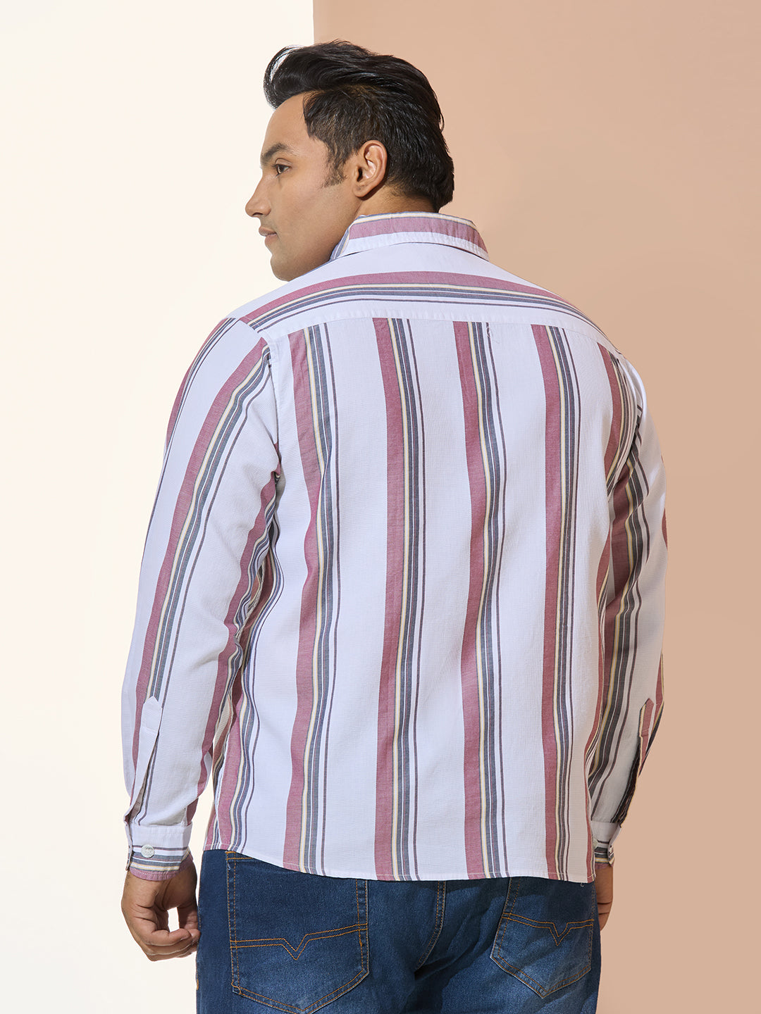 Men Cotton Stripe 1 Pocket Regular Fit Smart Casual Shirt - WhiteRed
