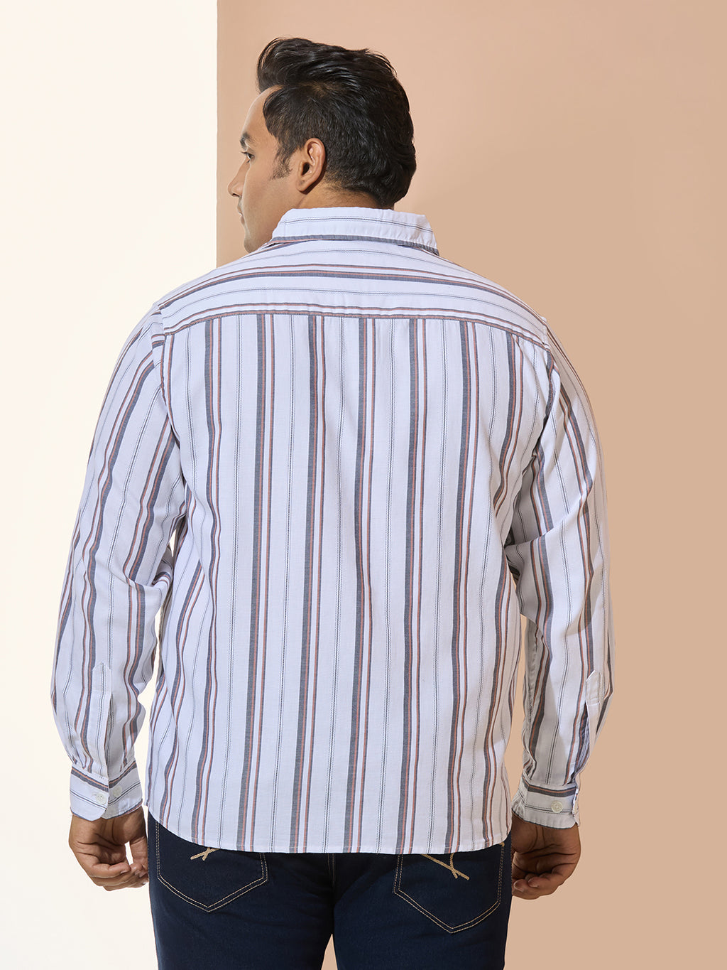 Men Cotton Stripe 1 Pocket Regular Fit Smart Casual Shirt - White-orange