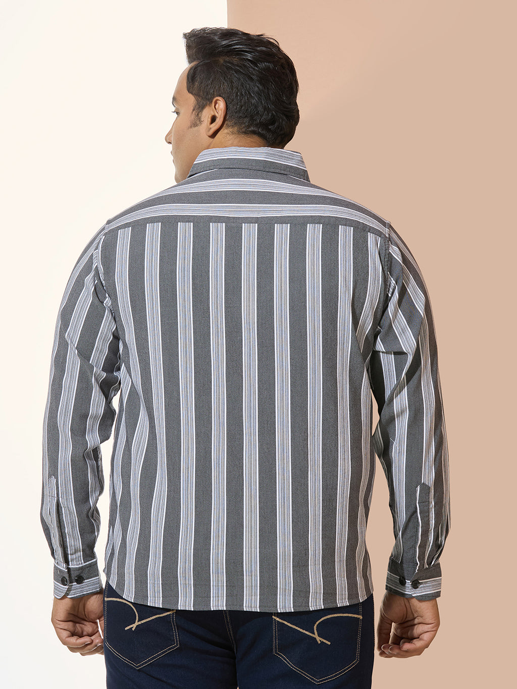 Men Cotton Stripe 1 Pocket Regular Fit Smart Casual Shirt  - GreyWhite