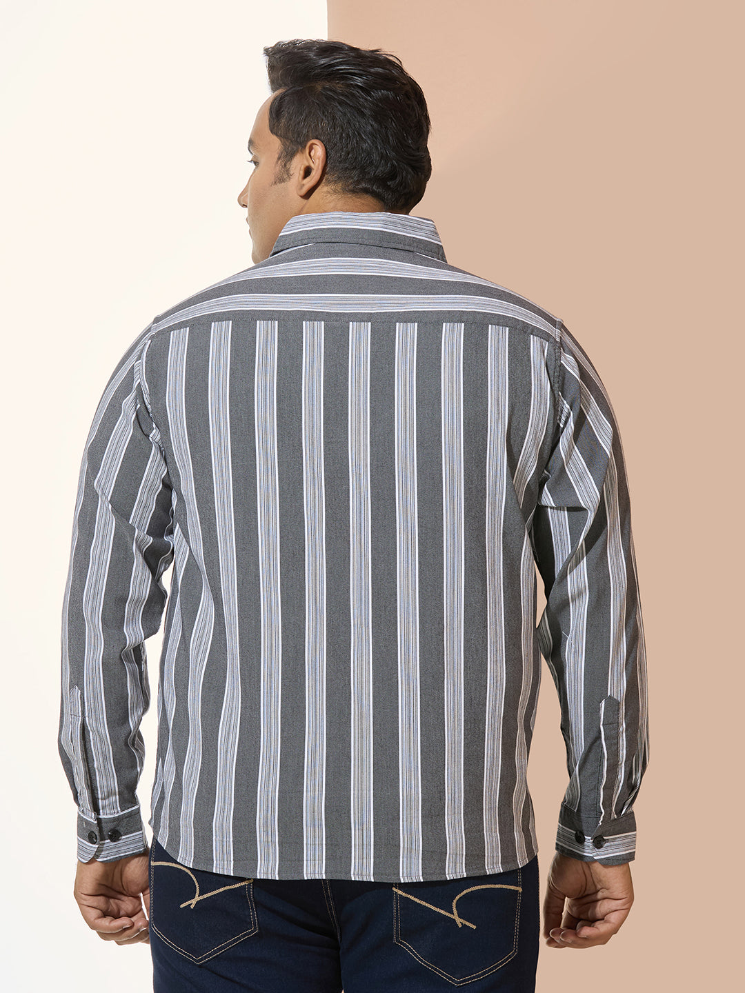 Men Cotton Stripe 1 Pocket Regular Fit Smart Casual Shirt  - GreyWhite