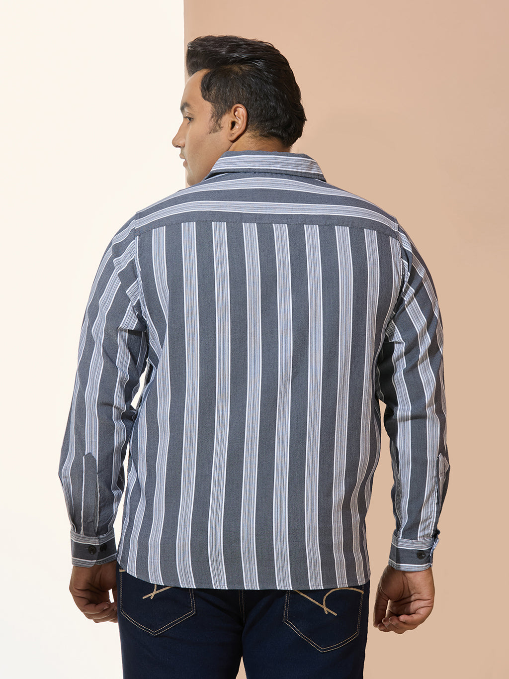 Men Cotton Stripe 1 Pocket Regular Fit Smart Casual Shirt  - NavyWhite