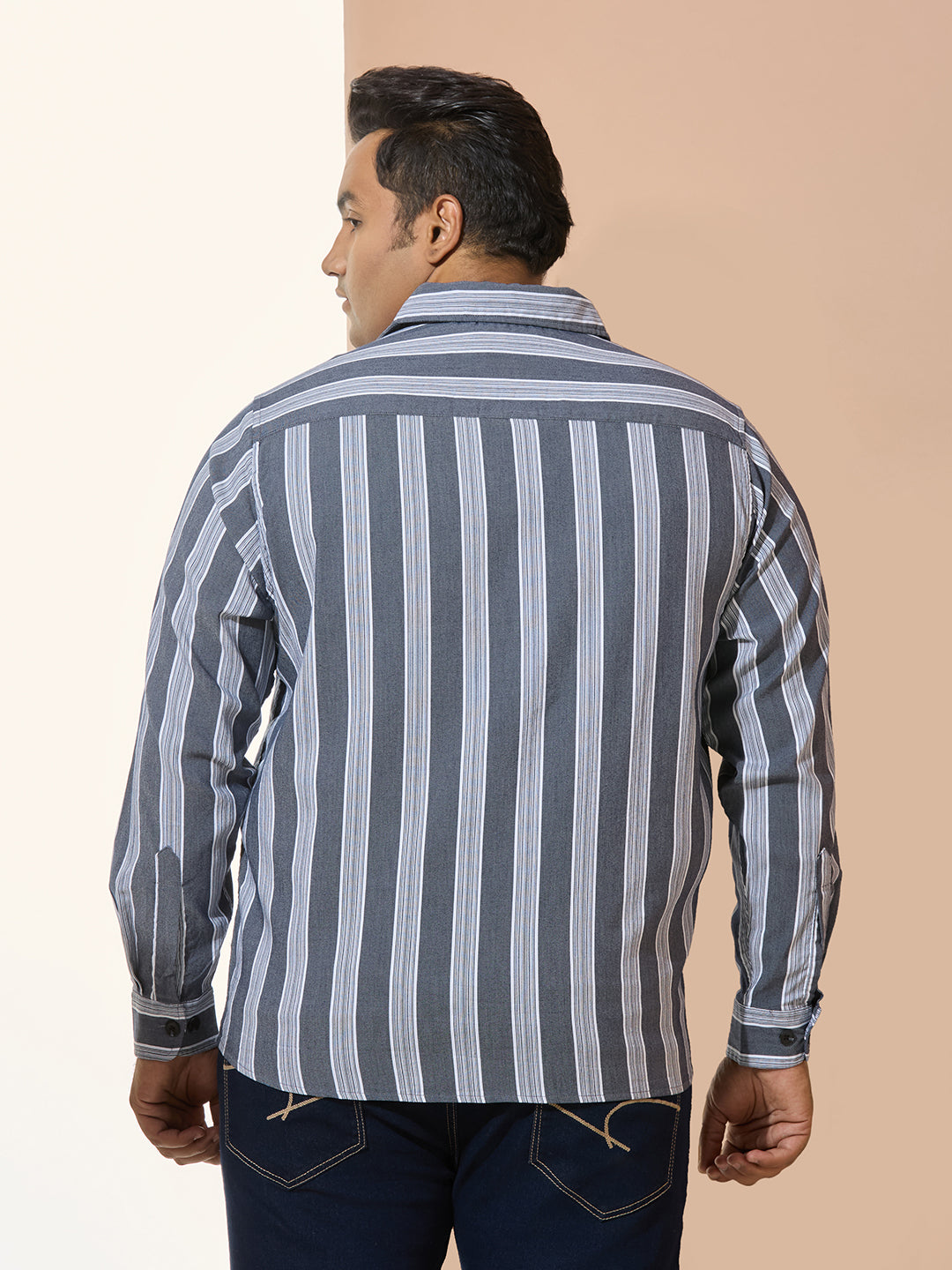 Men Cotton Stripe 1 Pocket Regular Fit Smart Casual Shirt  - NavyWhite