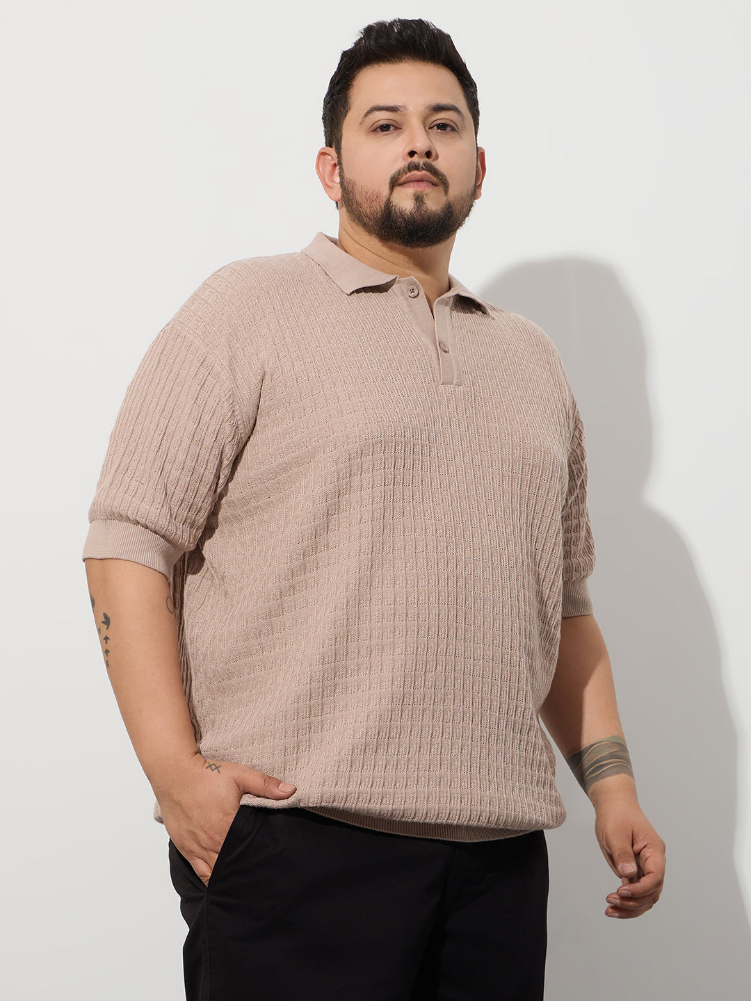 Flat Knit Half sleeve Polo Ribbed T Shirt - Style- NC-Plus-129-Coco