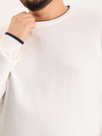 Flat Knit Full Sleeve Polo Ribbed T Shirt  - White - Style 133