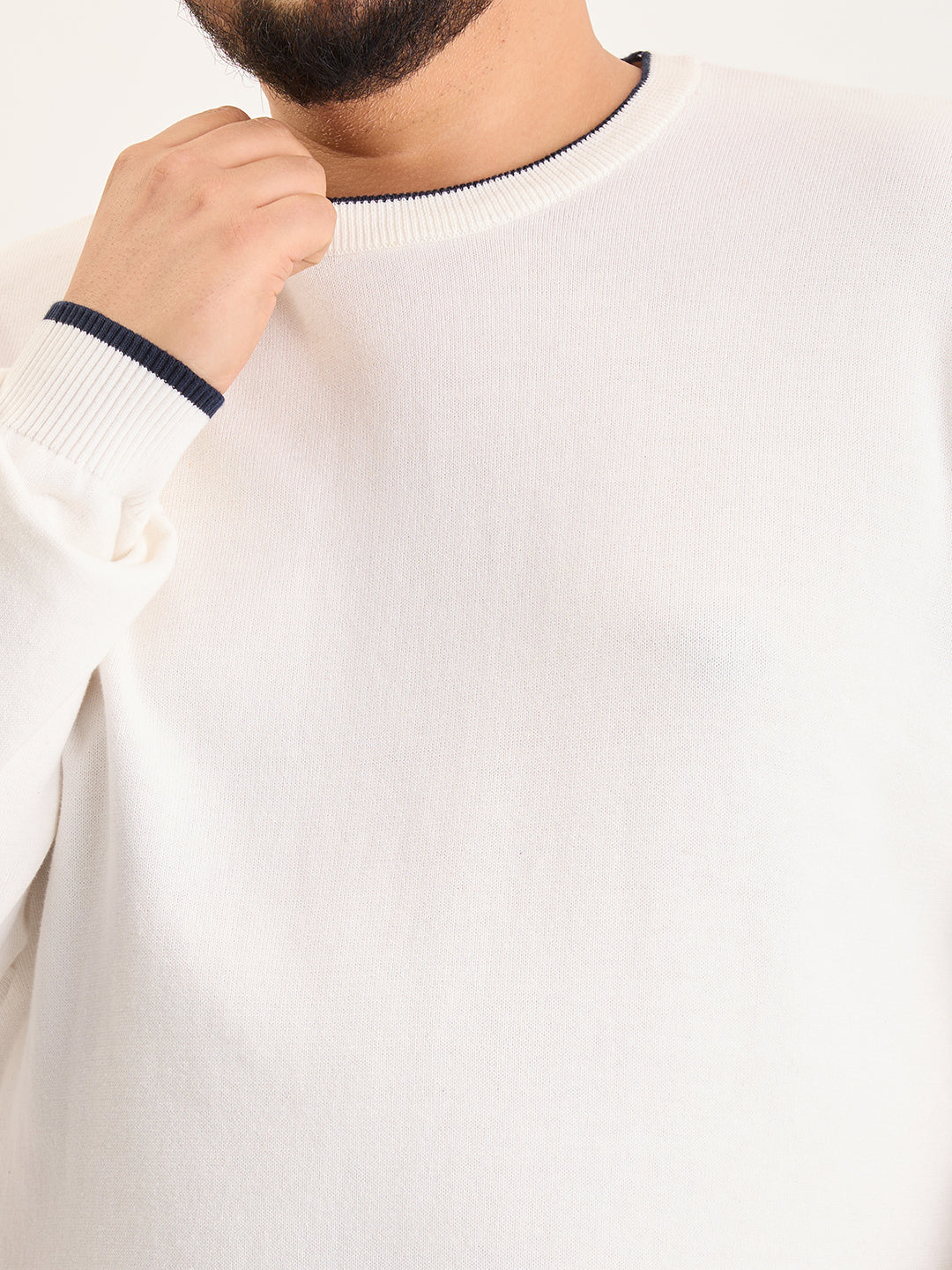 Flat Knit Full Sleeve Polo Ribbed T Shirt  - White - Style 133