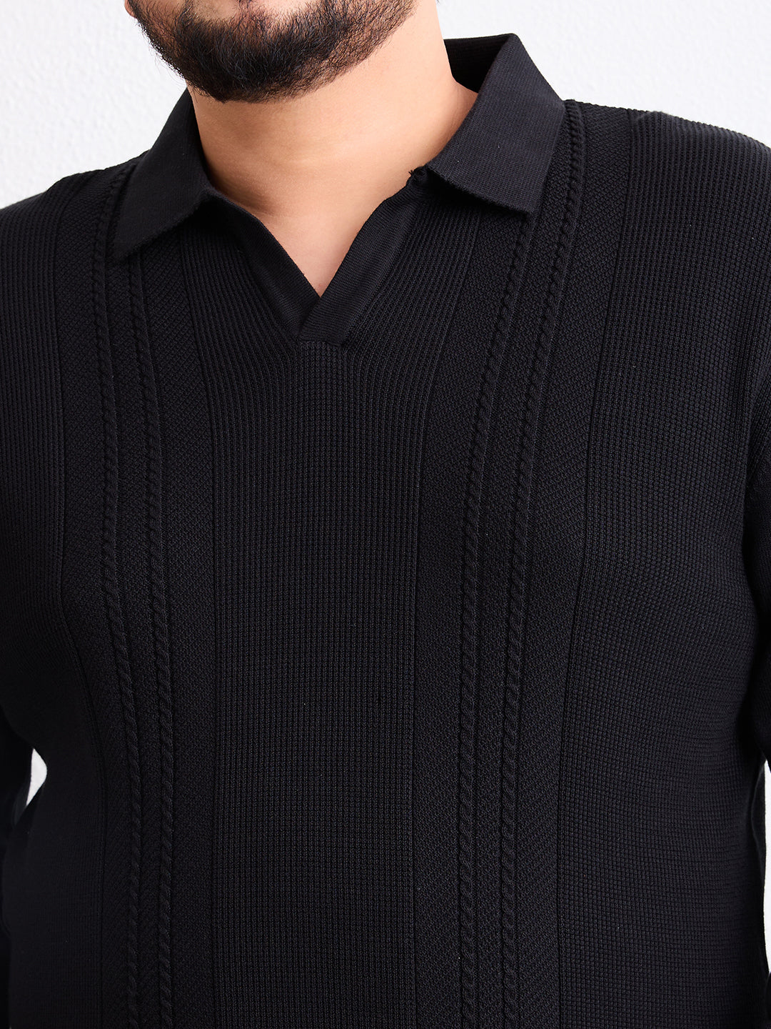 Flat Knit Full Sleeve Polo Ribbed T Shirt  - Black - Style 136