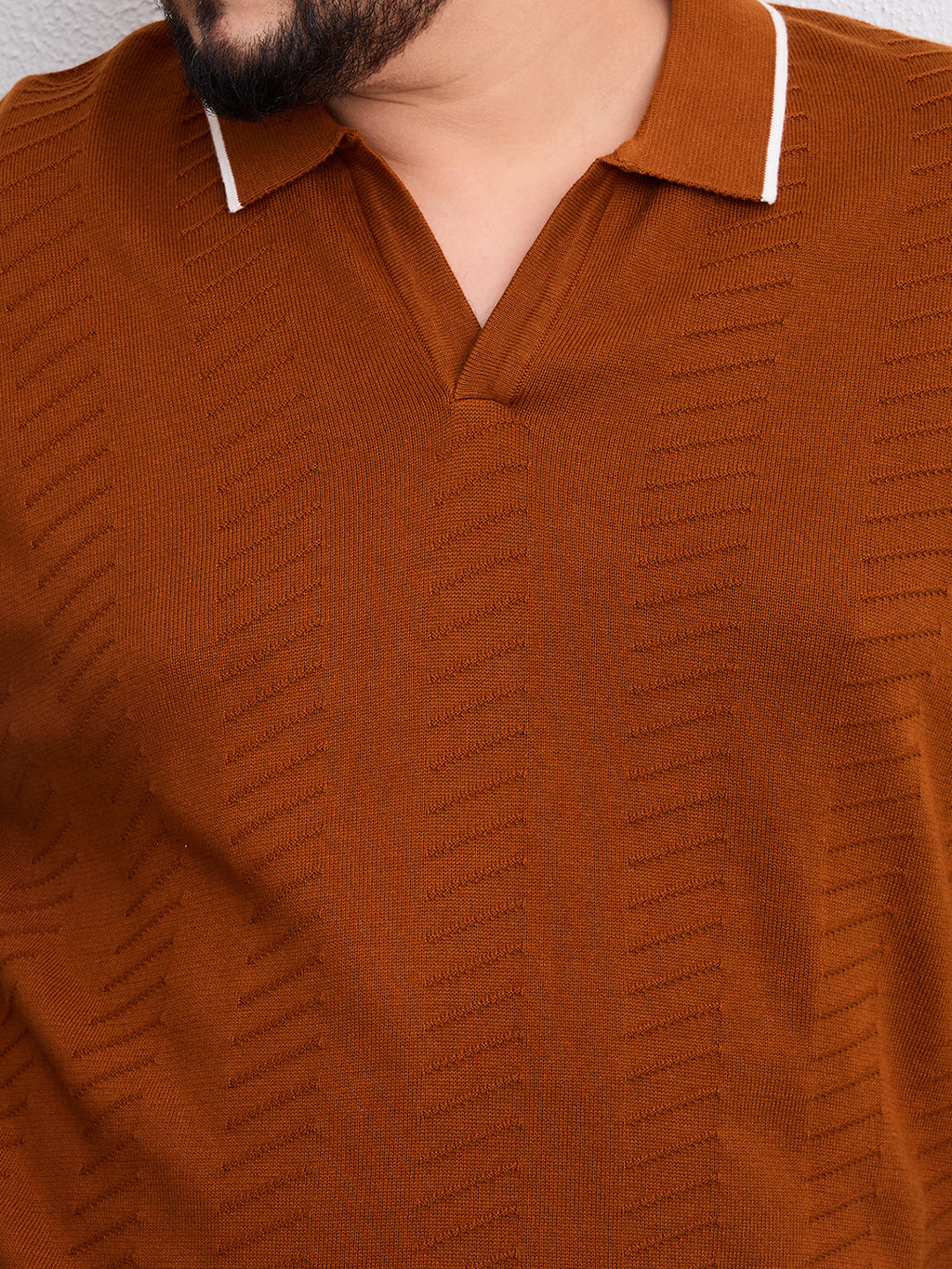 Flat Knit Half Sleeve Polo Ribbed T Shirt  - Rust - Style 138-Rust