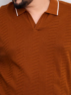 Flat Knit Half Sleeve Polo Ribbed T Shirt  - Rust - Style 138-Rust
