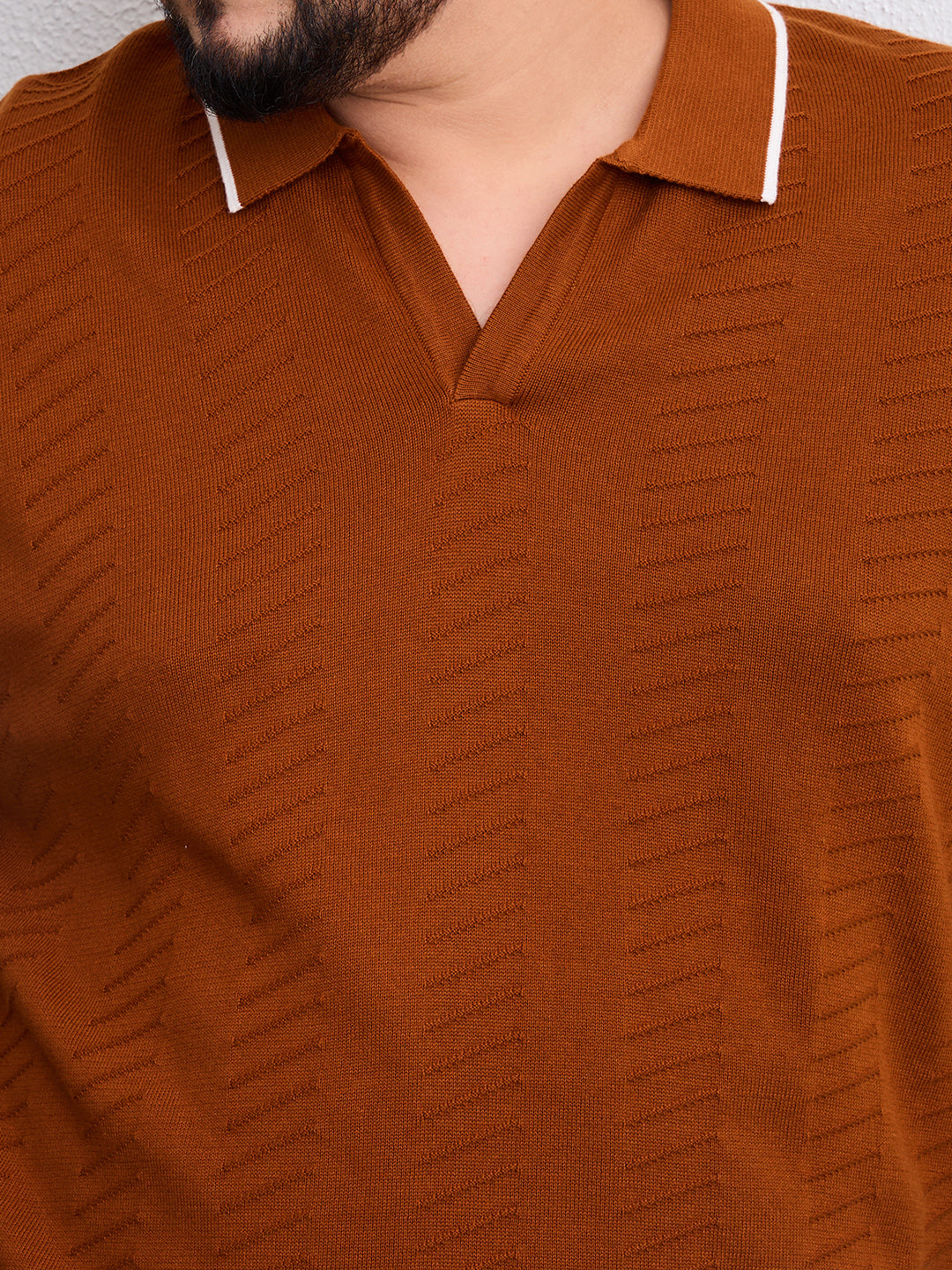 Flat Knit Half Sleeve Polo Ribbed T Shirt  - Rust - Style 138-Rust