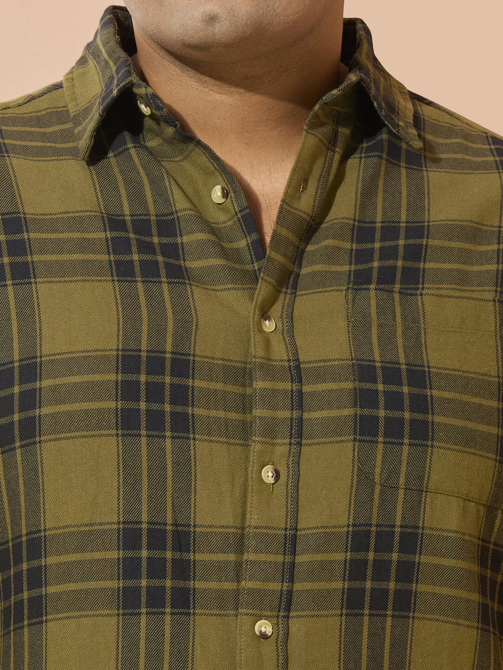 Men Cotton Checks 1 Pocket Regular Fit Smart Casual Shirt - 1228-Olive