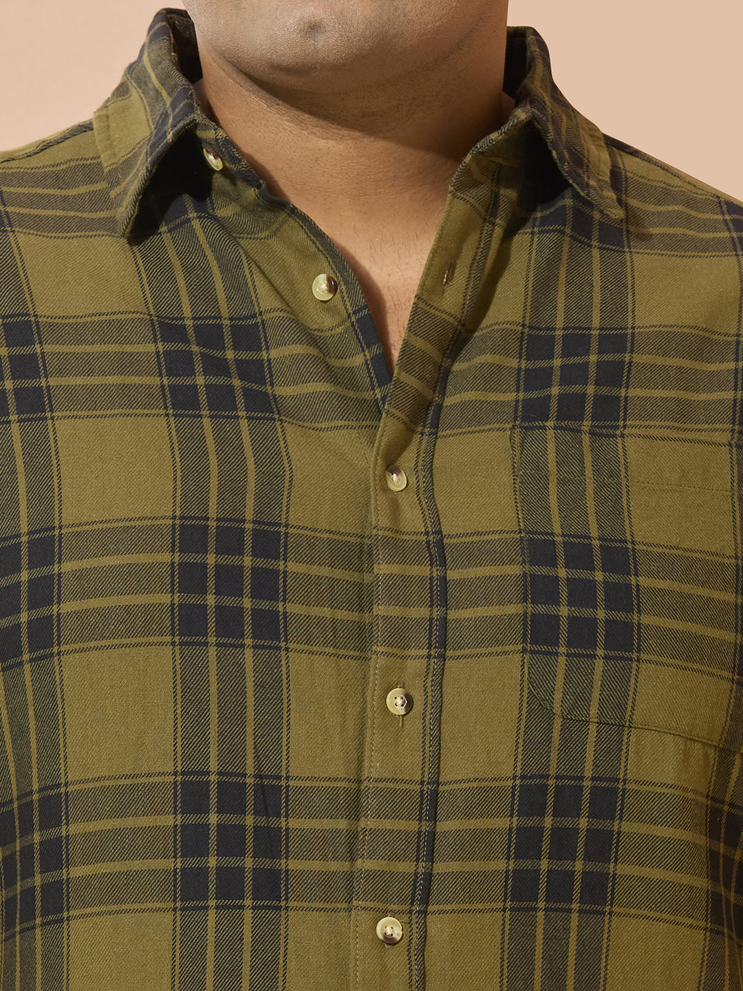 Men Cotton Checks 1 Pocket Regular Fit Smart Casual Shirt - 1228-Olive