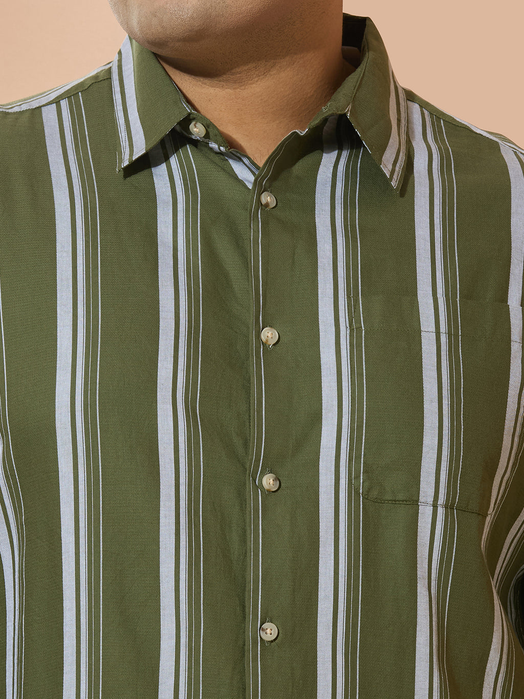 Men Cotton Stripe 1 Pocket Regular Fit Smart Casual Shirt - Olive