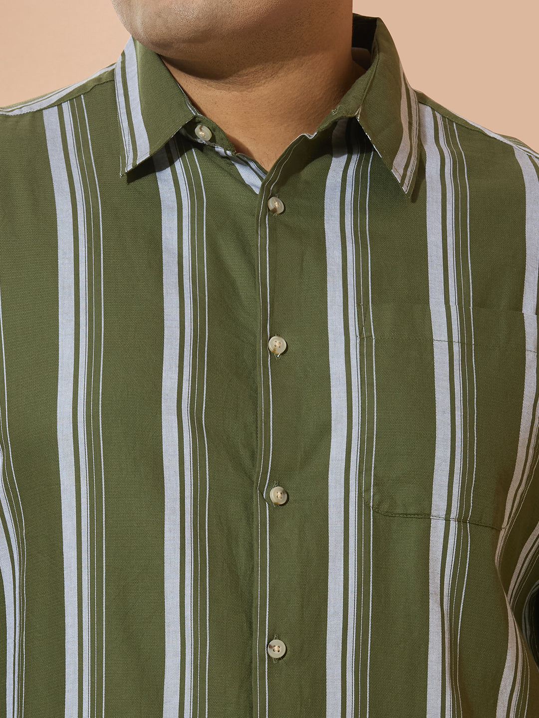 Men Cotton Stripe 1 Pocket Regular Fit Smart Casual Shirt - Olive