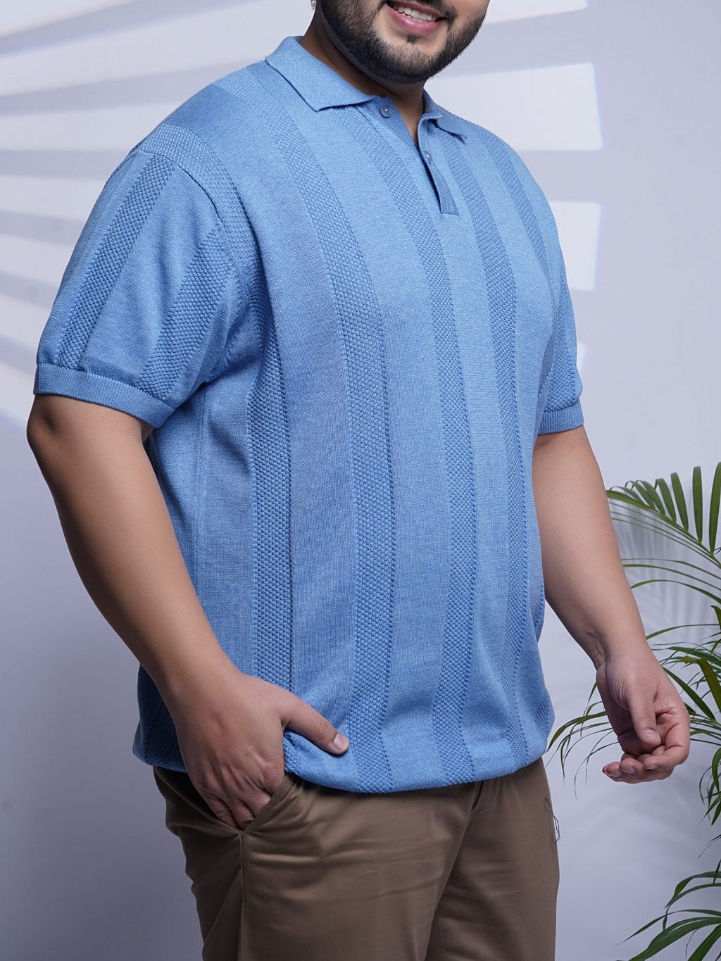 Flat Knit Half sleeve Polo Ribbed T Shirt - 125-Skyblue
